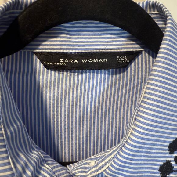 Zara top blue and white stripe with black embroidery size Small - Picture 3 of 6